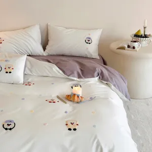 Zachte katoenen cartoon geborduurde 4-delige beddengoed set dekbedovertrek laken slaapkamer