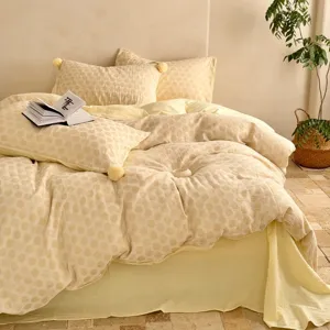 Juego de Cama de Jacquard Teñido en Hilo de Algodón Patrón de Lunares Redondos Minimalista Suave Transpirable Hogar Dormitorio Funda Nórdica Sábana Conjunto de Cuatro Piezas