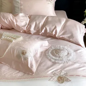 Detailed shot of French luxury pink jacquard bedding set with delicate lace trim and pearl props.