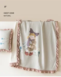 Summer air conditioning quilt set with cute cartoon girl print and delicate ruffles, soft fabric.