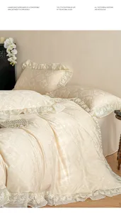 Detailed view of French court style jacquard washed cotton bedding set with lace ruffles.