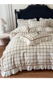 Koreaanse prinses stijl gewassen katoen 4-delige beddengoed set met ruitjes en kant.