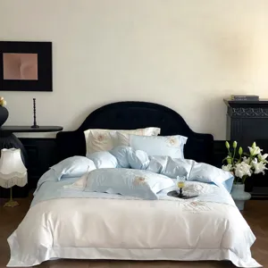 French luxury jacquard bedding set detail view, silky sateen material, elegant blue white design.