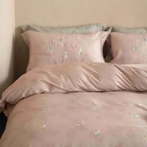 Roze vlinder borduurwerk tencel katoen 4-delige beddengoed set gezellig dekbedovertrek.