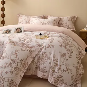 Juego de ropa de cama de 4 piezas de algodón estampado digital con diseño floral.
