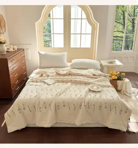 Natural cotton linen summer quilt with floral embroidery, soft breathable bedding for home use