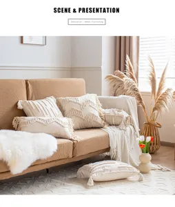 Bohemian throw pillow covers for living room sofa, cotton linen tassel cushions, home decor.