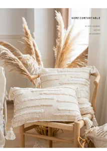 Bohemian tufted throw pillow cover linen fringe cushion case for sofa couch home decor