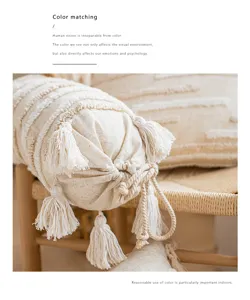 Bohemian tassel bolster pillow cover, linen textured cylindrical throw pillow for couch, cream.