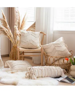 Bohemian tassel pillow cover, beige cotton linen decorative throw pillow for sofa and bed.