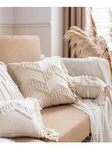 Bohemian tufted throw pillow cover, beige tassel decorative cushion for couch and living room.