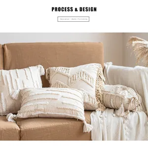 Detail shot of bohemian tassel pillow cover texture, cozy living room sofa decor scene.