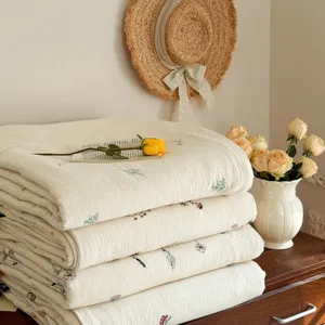 Natural cotton linen summer thin quilt floral embroidery breathable air conditioning blanket