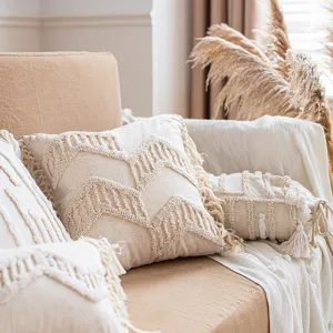 Bohemian tassel throw pillow cover neutral textured decorative cushion for sofa living room