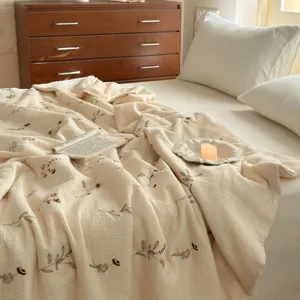 Natural cotton linen summer thin quilt floral embroidery breathable air conditioning blanket bedroom