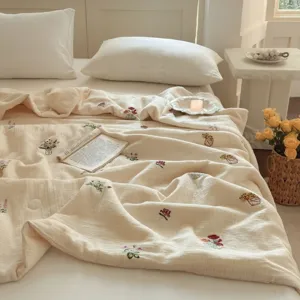 Natural cotton linen summer thin quilt floral embroidered breathable air conditioning comforter