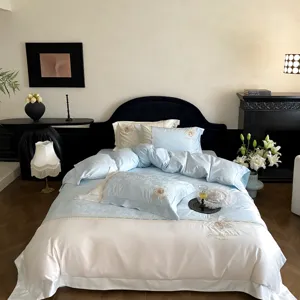 French luxury jacquard bedding set 4-piece, elegant blue and white satin fabric with delicate emb.