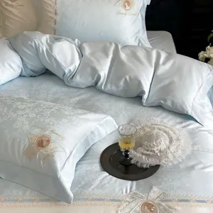 French luxury jacquard sateen bedding detail, soft silky pima cotton, elegant light blue.