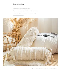 Cylindrical candy pillow and round cushion with tassels, bohemian home decor for sofa and bed.