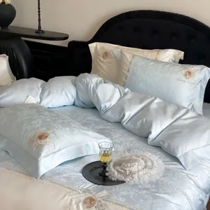 French luxury jacquard bedding set detail showing smooth fabric and elegant lace trim.