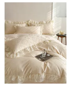 French court style washed cotton jacquard 4-piece bedding set with double-layer chiffon lace.