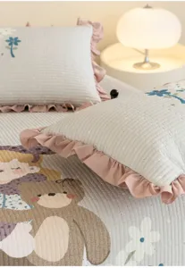 Washed cotton summer quilt set with cute cartoon bear print and elegant ruffles for bedroom decor.