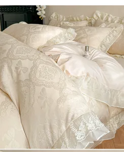 Detailed view of the 2026 French court style washed cotton jacquard bedding set with lace.