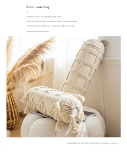 Boho cylinder bolster pillow with tassels and textured grid design for cozy home sofa decor