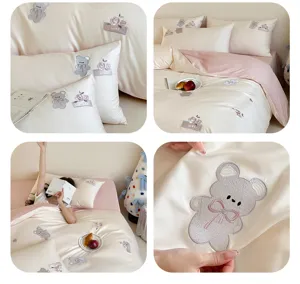 100s cotton bedding set cute cartoon bear floral embroidered quilt cover pillowcases aesthetic dorm