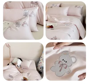 Pink cute bear embroidery bedding set, soft satin duvet cover and pillowcases for bedroom.