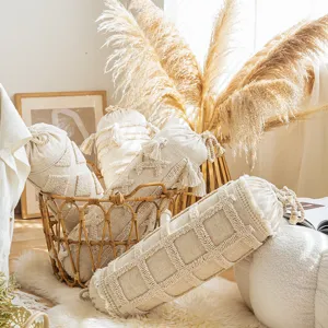 Bohemian Cotton Linen Cylindrical Candy Bolster Pillow Cover Embroidered Tassels Geometric Decorative Throw Pillow Cover Without Core