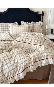 Koreaanse prinsessenstijl gewassen katoenen ruitjes beddengoed set met delicate kanten volants