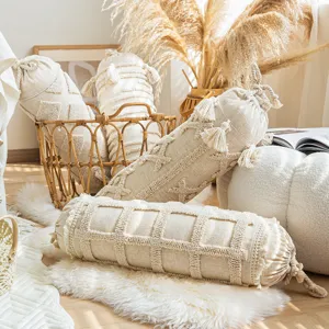Boho cylindrical bolster pillow decorative tufted throw cushion for sofa living room bed