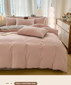 Roze grijs katoen geborsteld geborduurd vierdelig beddengoed set comfortabel thuis