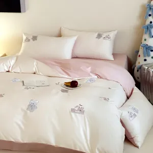 100s Cotton Cartoon Bear Flower Embroidery Bedding Set Student Dormitory Soft Quilt Cover Sheet