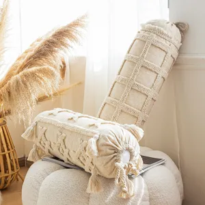 Bohemian cotton linen cylindrical bolster pillow with tassels, cream decorative cushion for sofa.