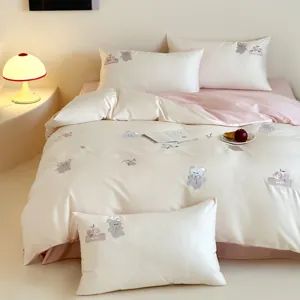 Cotton bedding set 4 pieces cute bear embroidery duvet cover pillowcases bedroom main view