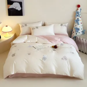 Cute bear embroidered cotton 4-piece bedding set for warm bedroom and student dorm decor.