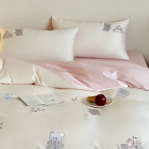 100s cotton bedding set cute bear floral pattern 4-piece duvet cover sheet set for dorm