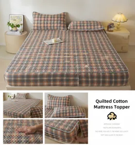 Katoen geruit matrasbeschermer set, retro eenvoudig hoeslaken met kussenslopen voor slaapkamer.