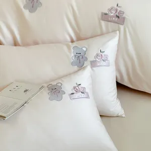 Cute cartoon bear rose embroidered bedding set, soft cotton pillowcase for student dorm room.