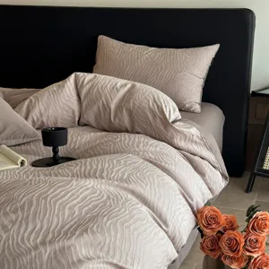 Detail view of luxurious jacquard cotton bedding set, retro style duvet cover and pillowcase.