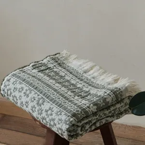 Cotton jacquard throw blanket detail with elegant fringe and retro woven pattern for cozy home decor.