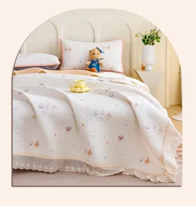French vintage cream style pure cotton double-layer gauze bedspread lace three-piece set