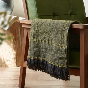 Cotton jacquard throw blanket detail, vintage style fringe sofa blanket for cozy office nap.