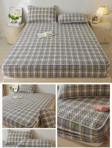Katoenen ruitjes hoeslaken set, retro stijl matrasbeschermer met kussenslopen voor bed.
