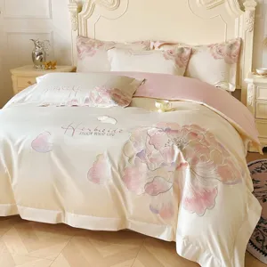 Conjunto de ropa de cama de 4 piezas de algodón bordado floral de lujo con funda y sábana