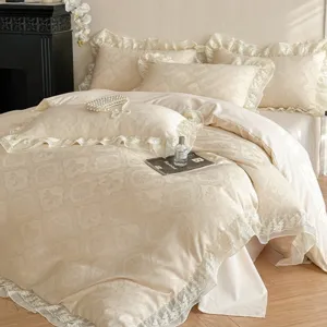 French style elegant jacquard washed cotton duvet cover set with double chiffon lace main view
