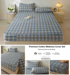Katoenen hoeslaken set ruitjes, retro blauw gele matrasbeschermer, zacht beddengoed.