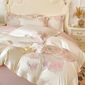Conjunto de ropa de cama bordada con flores de lujo, funda de edredón y sábanas de algodón suave.